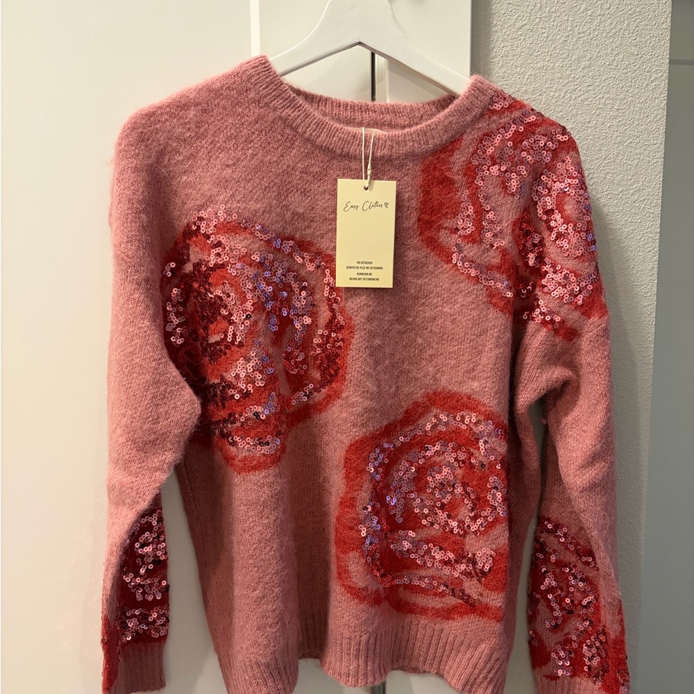 Pink Sequin Floral Sweater